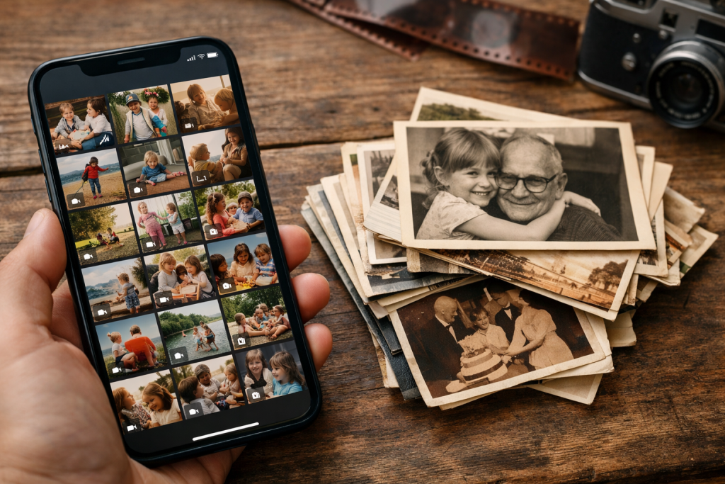 Téléphone affichant une galerie de photos et vidéos de famille, à côté de vieilles photos papier, illustrant les souvenirs numériques qui s’accumulent sans être regardés.